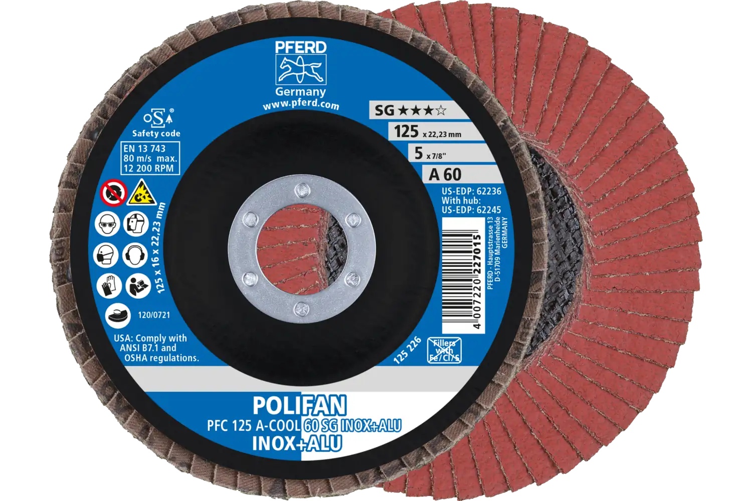 Picture of Pferd Flap Disc, 5" x 7/8, A-Cool SG Inox+ALU, 60 Grit, T29, Conical, Aluminum oxide